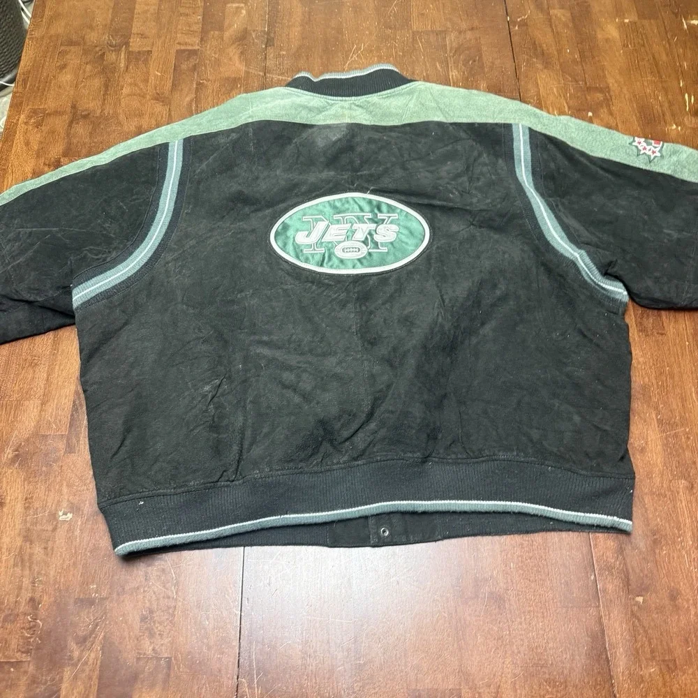 Vintage 90s Y2k New York Jets‎ NFL Suede Varsity Bomber Jacket size 5XL